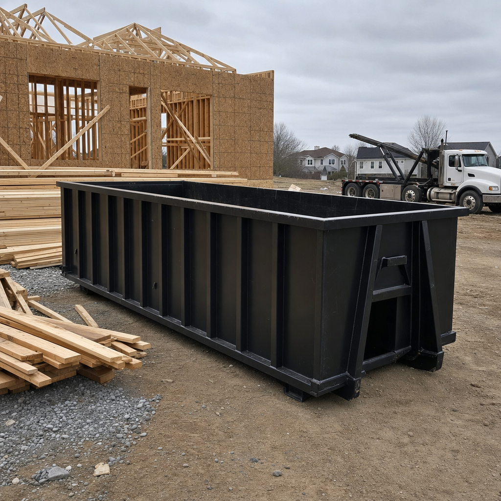 Matte-black 40-yard roll-off dumpster staged on a framed-out residential construction site in Elgin, framing lumber stacked nearby, hooklift delivery truck visible in the background under bright Colorado daylight