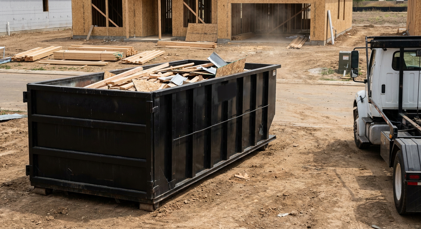 Matte-black 20-yard roll-off construction dumpster with heavy ribbed steel sidewalls and swing rear doors at a working jobsite in Elgin, sitting directly on compacted dirt with an unmarked white hauler partially visible at the far edge of the frame.