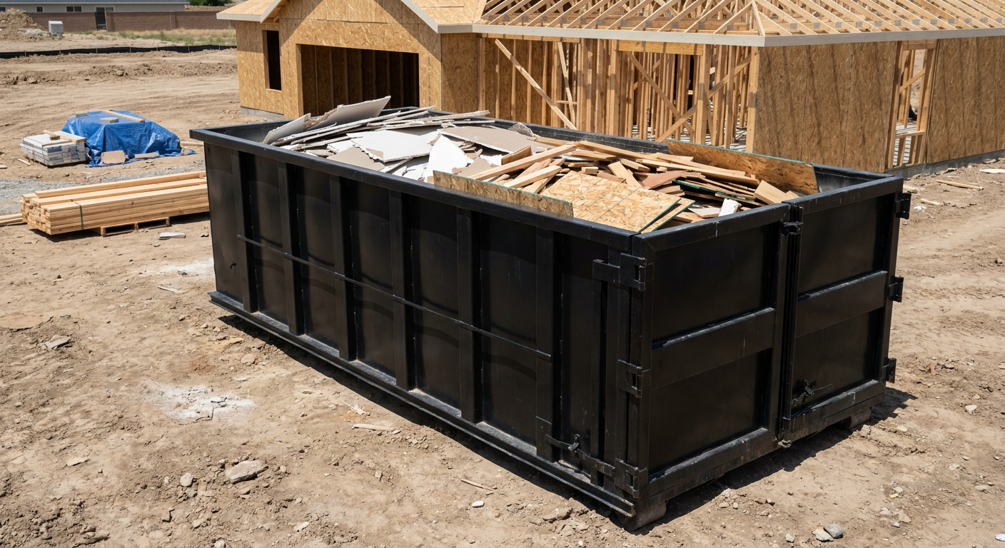 Matte-black 30-yard roll-off construction dumpster sitting directly on the compacted-dirt site of a framed single-family home build in Elgin, drywall and lumber scrap loaded inside.