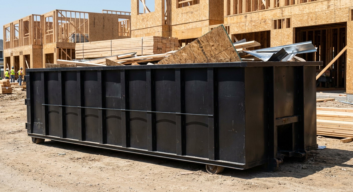 Matte-black 40-yard roll-off construction dumpster being lowered from a white-cab hooklift delivery truck onto the compacted-dirt jobsite at a commercial build site in Elgin