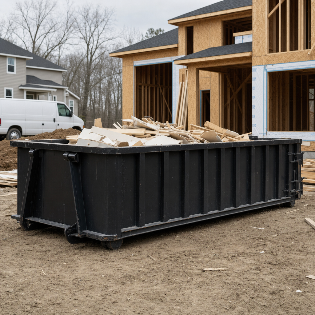 Worker in a yellow high-visibility vest tossing framing lumber and broken drywall into a matte-black 30-yard construction roll-off dumpster on an active build site in Elgin, bright daylight