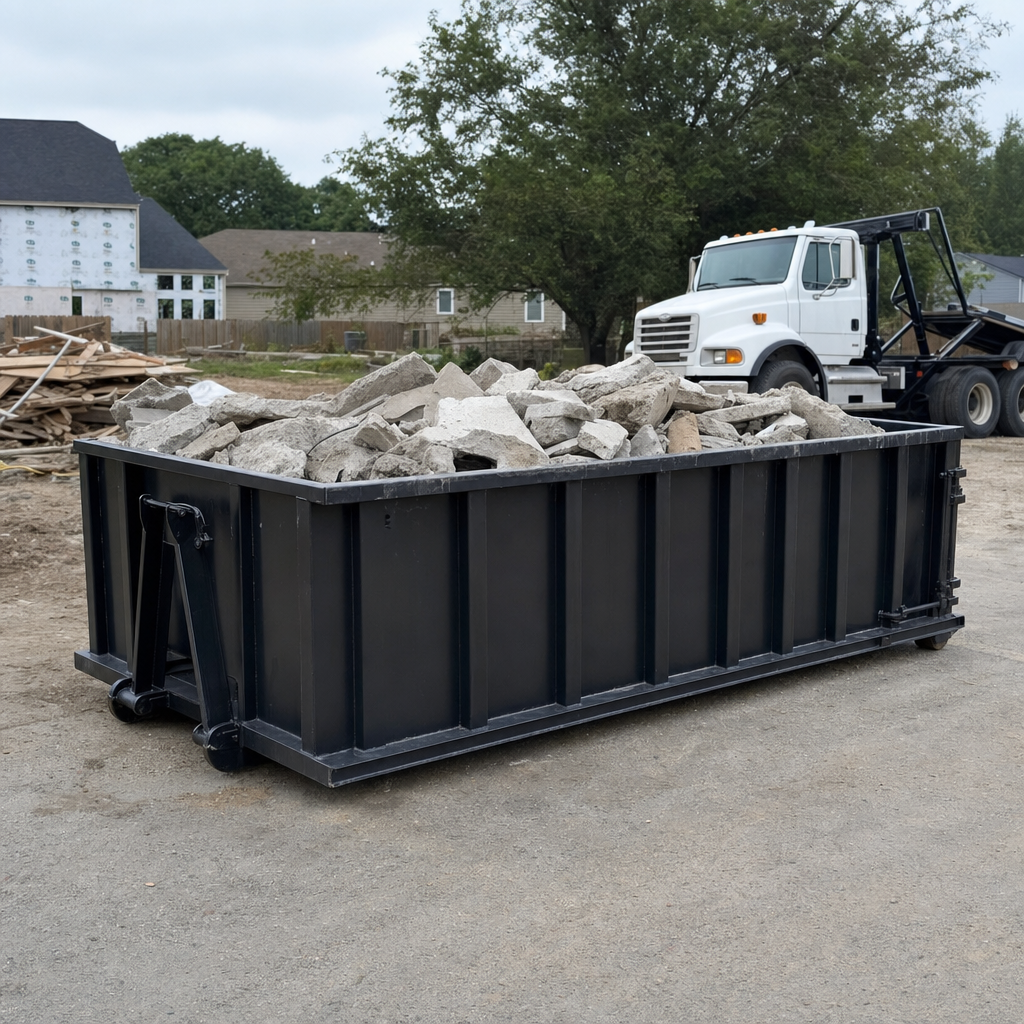 Low-profile matte-black lowboy roll-off dumpster loaded with broken concrete slab and rebar at a foundation tear-out in Elgin, skid steer parked beside it, sunny Colorado morning