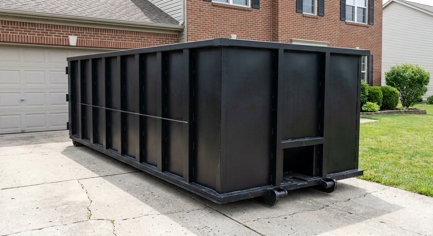 Matte-black 20-yard roll-off container on a Elgin residential concrete driveway with reinforced ribbed steel sidewalls and a hinged rear walk-in door, clean bright daylight.
