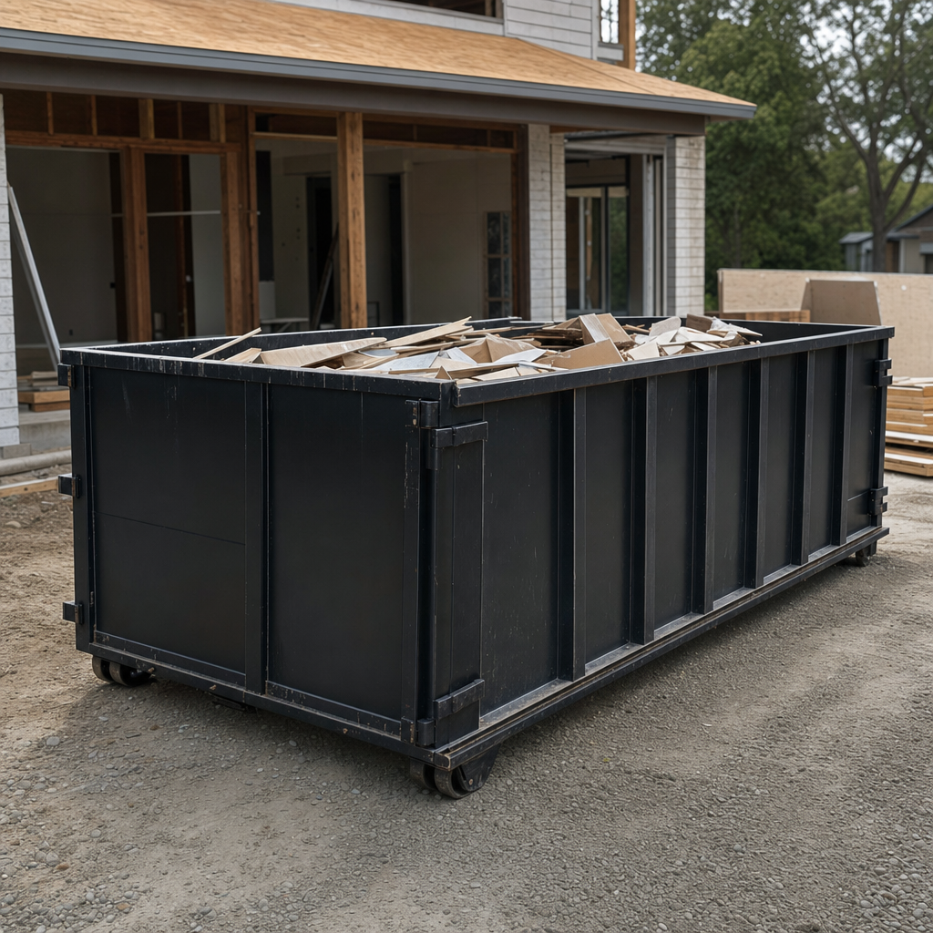 Large matte-black 30-yard construction roll-off dumpster at an active Elgin jobsite, steel-gray top rails and bottom rollers visible, loaded with construction debris.