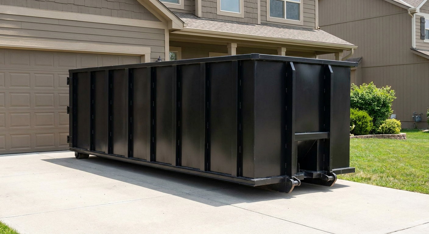 Matte-black residential roll-off dumpster sitting directly on a suburban Elgin concrete driveway, garage door closed, single-family home in background, bright morning daylight.