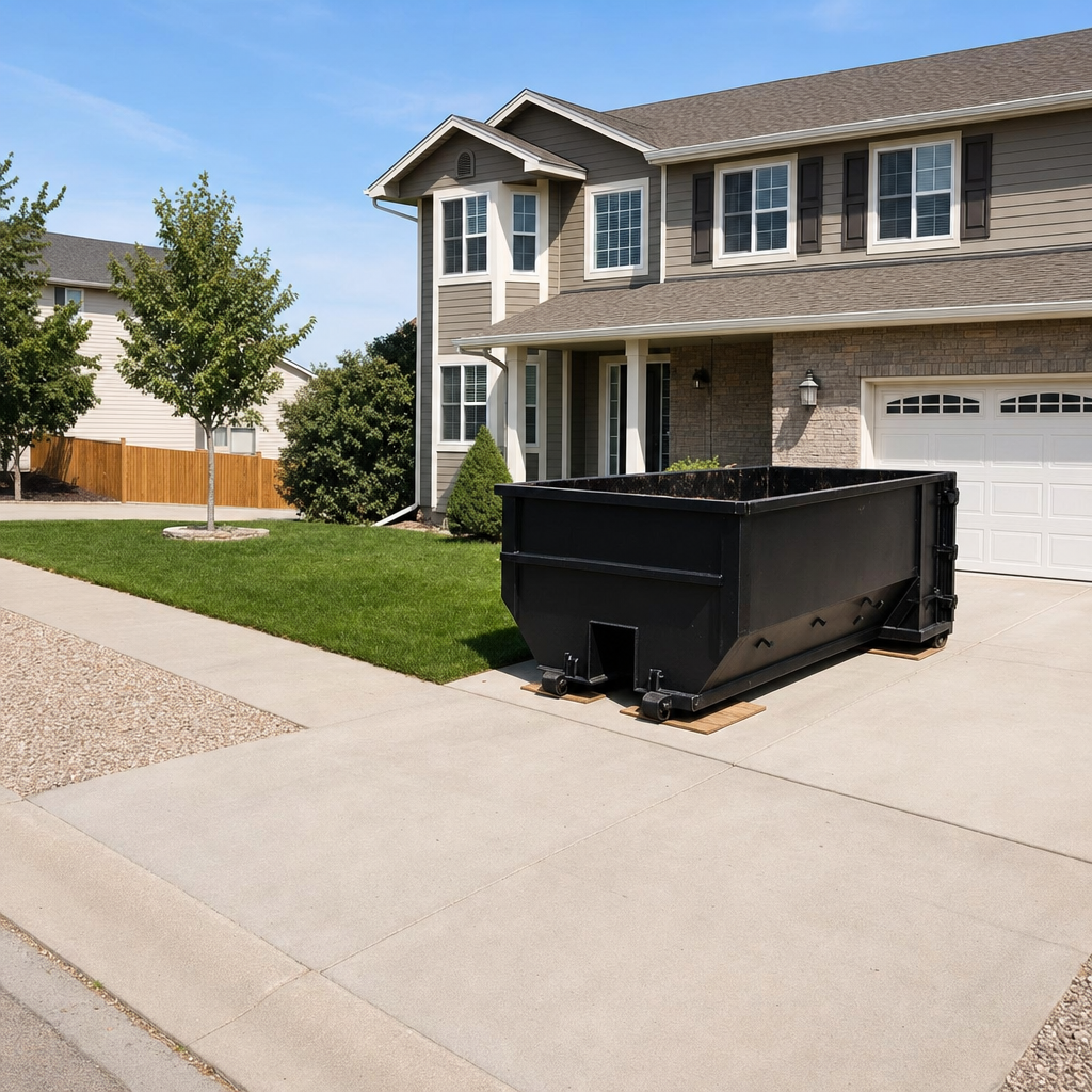 10-yard matte-black residential dumpster placed directly on a narrow Elgin concrete driveway, room remains for a parked sedan beside it, mid-morning natural light