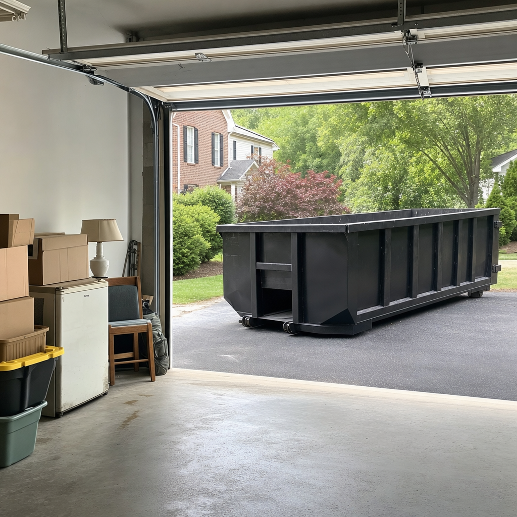 Open garage interior in a Elgin home mid-cleanout — boxed items, an old appliance, and stacked yard tools queued near the driveway for a matte-black roll-off dumpster, organized and calm