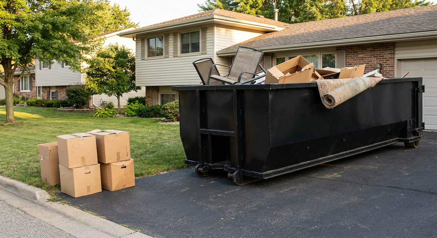 Front-yard view of a Elgin split-level home with a 20-yard matte-black roll-off dumpster sitting directly on the asphalt driveway, a few clearly labeled donation boxes staged at the curb, calm sunny afternoon.