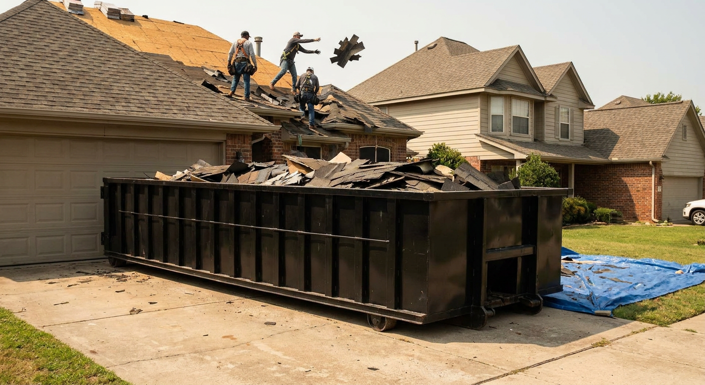 Matte-black roofing roll-off dumpster placed directly on a Elgin residential concrete driveway, a tear-off crew on a two-story asphalt-shingle roof tossing shingle bundles into the low-walled container, bright daylight, documentary 35mm perspective.