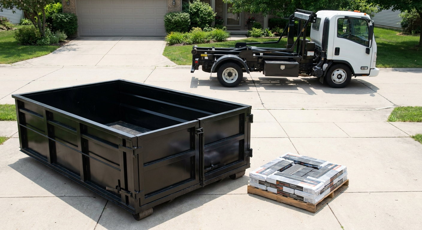 Matte-black 15-yard roofing roll-off dumpster with reinforced low side walls sitting directly on a Elgin residential concrete driveway, three-tab asphalt shingle bundles stacked nearby, an unmarked white hauler truck partially visible at the edge of the frame.