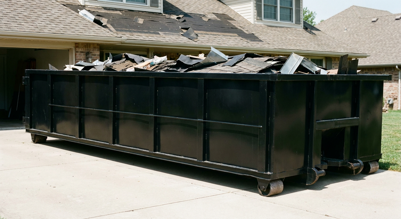 Matte-black 20-yard roofing roll-off dumpster with steel ribbed sides and swinging rear door, sitting directly on the concrete driveway of a two-story Elgin home, asphalt shingle debris being loaded over the low wall, clean documentary lighting.