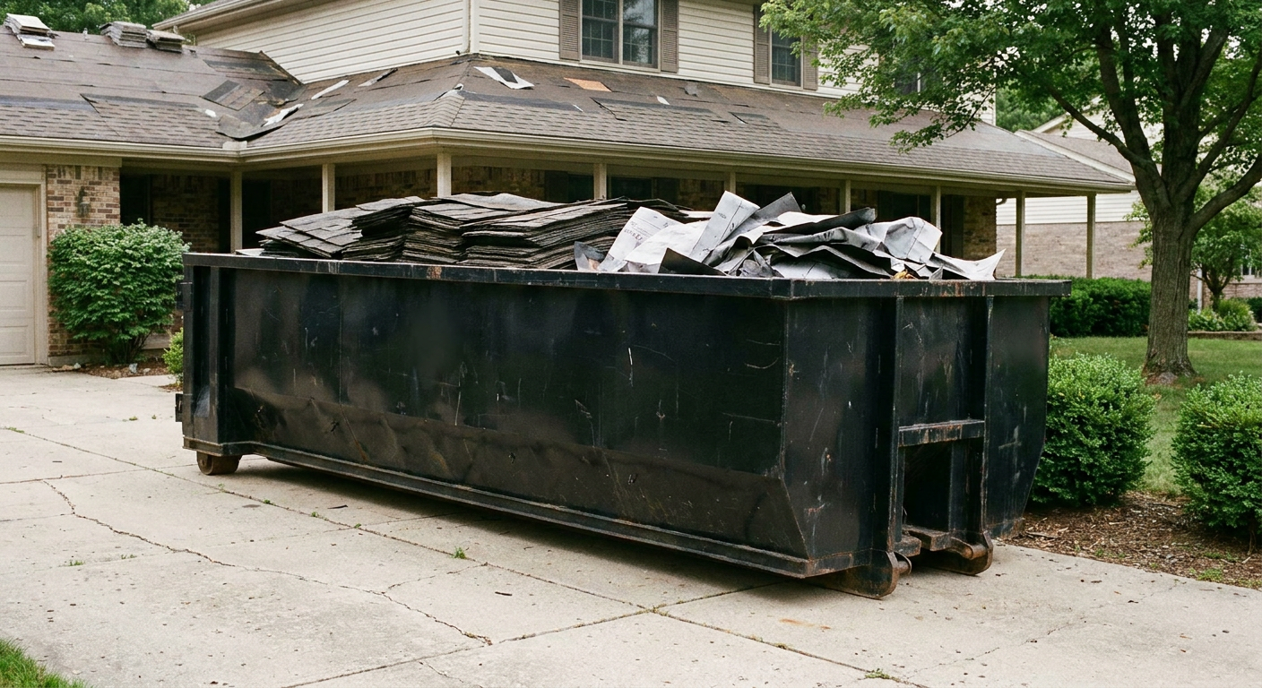 Matte-black 30-yard roofing roll-off dumpster sitting directly on a Elgin concrete driveway, taller ribbed steel side panels, mixed tear-off debris of asphalt shingles and underlayment inside, professional documentary daylight.