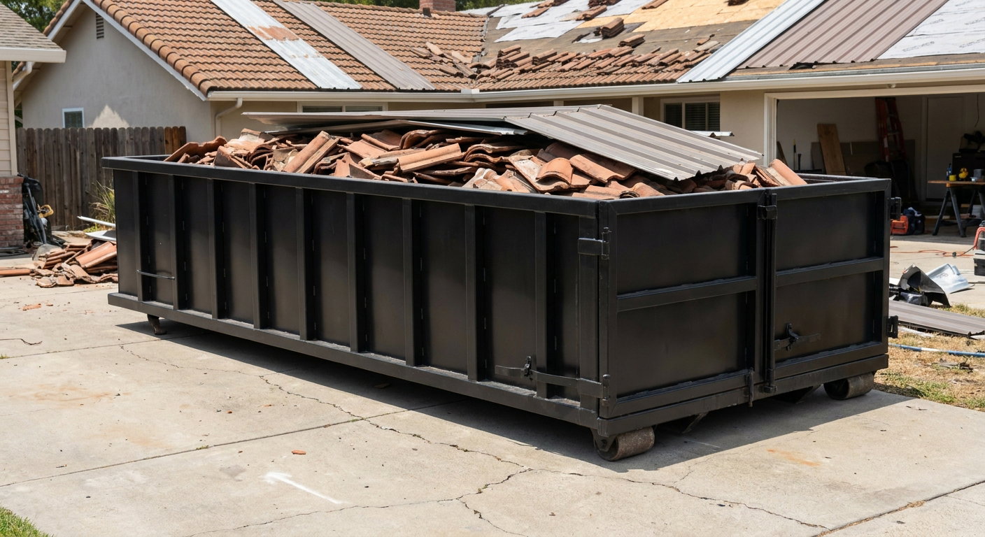 Matte-black low-wall heavy-debris roofing roll-off dumpster sitting directly on a Elgin concrete driveway, broken concrete clay roof tiles and metal panel sections loaded inside, reinforced ribbed steel side walls visible, bright outdoor daylight.