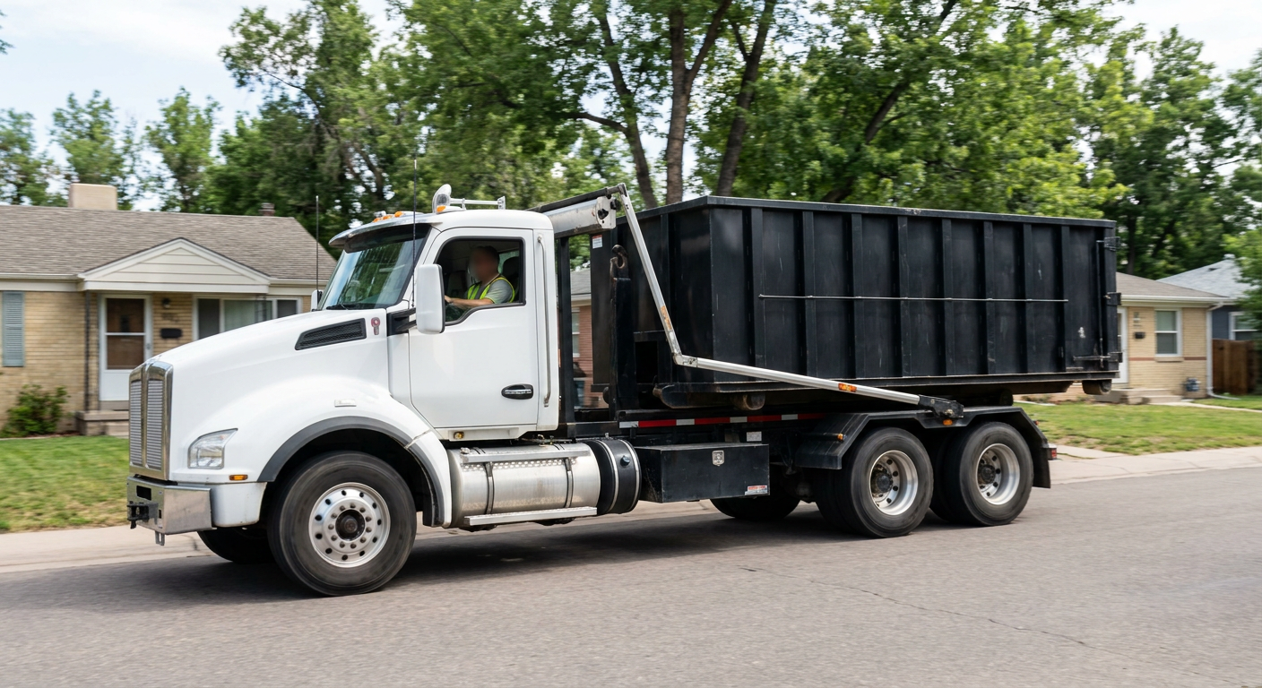 A wide documentary shot of a matte-black roll-off delivery truck pulling onto a quiet Elgin residential street at mid-morning, with neighborhood rooftops and tree-lined blocks visible behind, showing the metro coverage footprint.