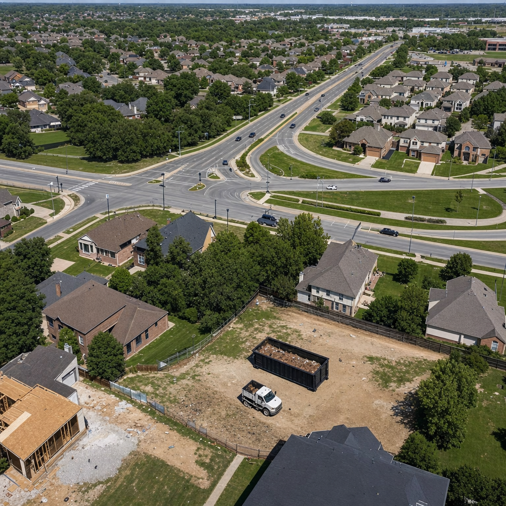 An overhead documentary view of the Elgin metro area at midday, showing the spread of neighborhoods, arterial roads, and the dispatch radius from a central yard — clean daylight, organized geographic layout.