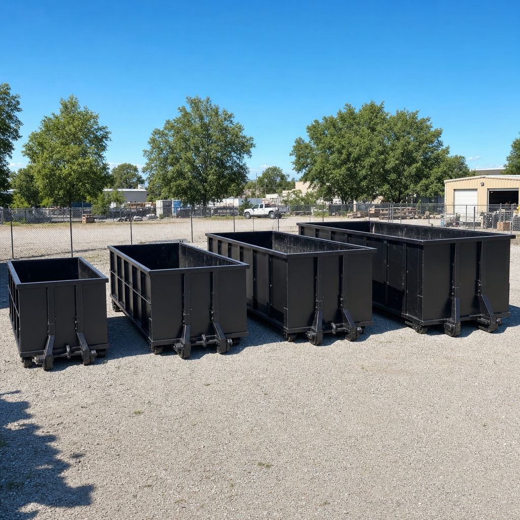 A clean lineup of matte-black roll-off dumpsters in 10, 20, 30, and 40-yard sizes staged on a sunlit gravel yard in Elgin, showing the size progression from compact to commercial-scale containers.