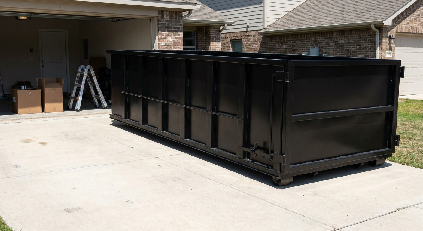 A matte-black 10-yard roll-off dumpster sitting directly on a residential Elgin concrete driveway, mid-day sunlight, clean and ready for a garage cleanout.