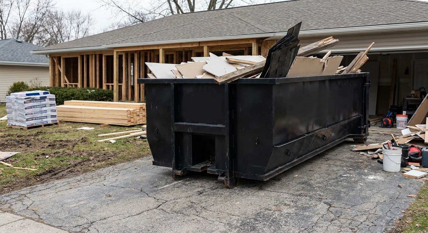 A matte-black 20-yard roll-off dumpster placed alongside a mid-renovation Elgin home directly on the asphalt driveway, with framing materials and torn-off shingles staged neatly nearby.
