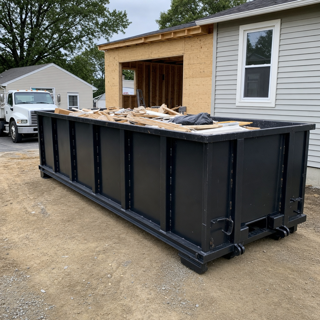 A matte-black 30-yard roll-off dumpster positioned at a Elgin residential addition jobsite, with framing lumber and drywall scraps loaded through the open swinging rear doors.