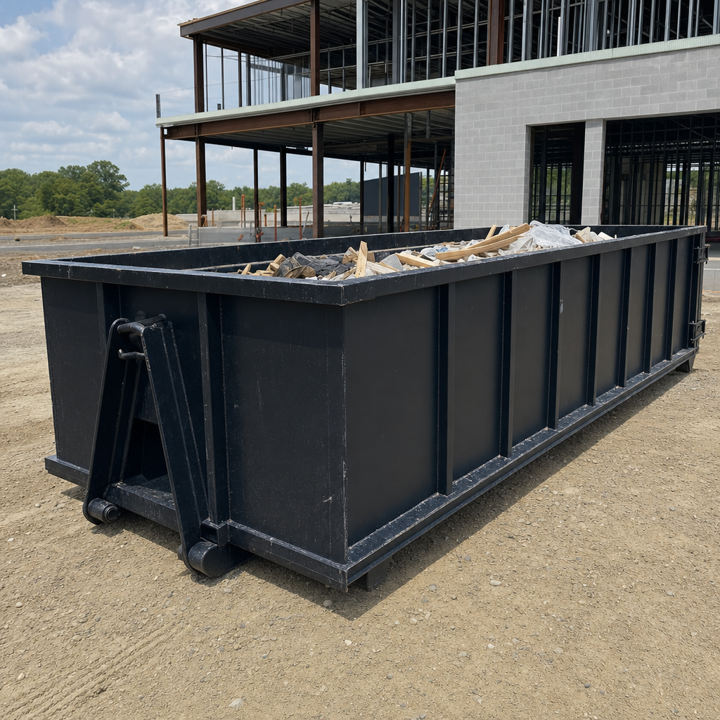 A matte-black 40-yard roll-off dumpster staged on a large Elgin commercial construction lot, with a hooklift delivery truck parked alongside under bright midday sky.