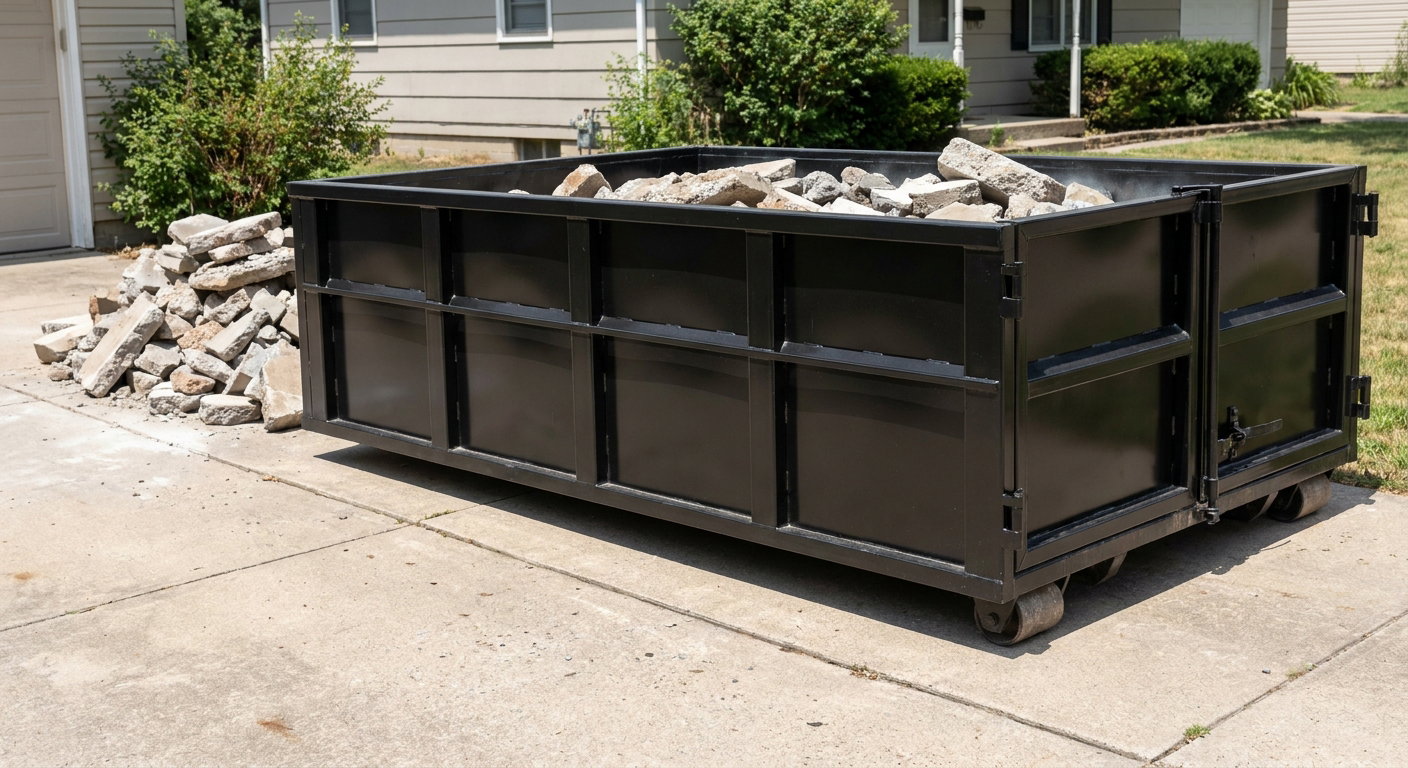 A matte-black low-side heavy-debris roll-off dumpster placed directly on a Elgin concrete driveway, with broken concrete chunks neatly stacked beside it under clean daylight.